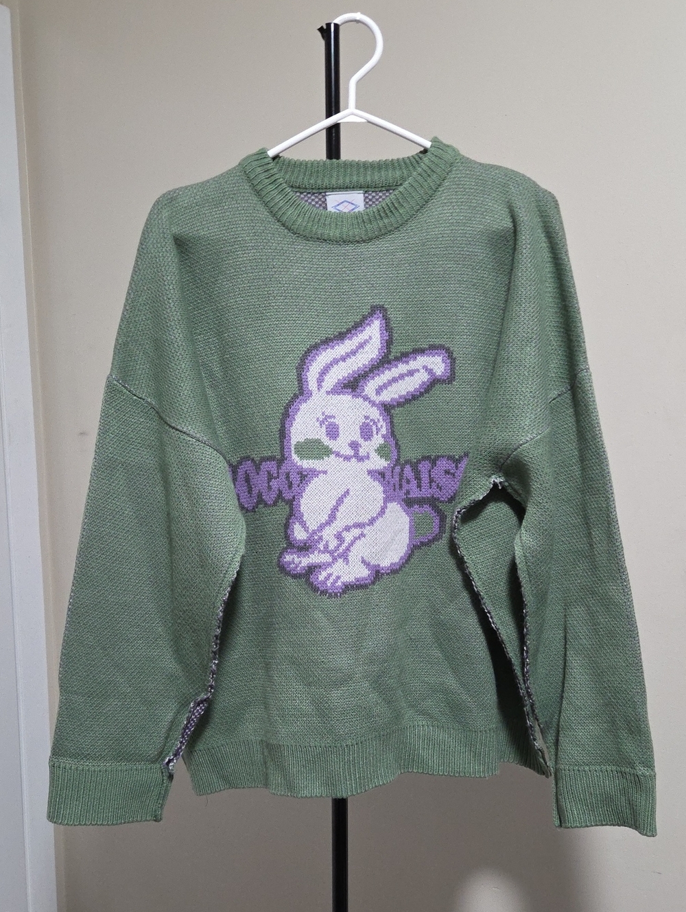 Beanieman Made Crewneck Sweater with Purple Bunny Graphic - Green